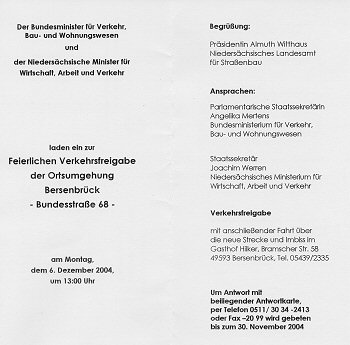 Einladung zur Verkehrsfreigabe der Ortsumgehung Bersenbr�ck