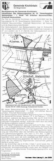 Bekanntmachung Satzungsbeschluss Bebauungsplanung Nr. 33 'Gewerbegebiet Weitzm�hlen - 1. Stufe'; Anklicken vergroessert Zeitungsausschnitt